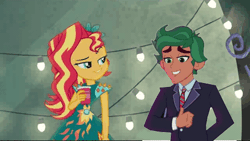 Size: 448x253 | Tagged: safe, derpibooru import, edit, screencap, sunset shimmer, timber spruce, equestria girls, legend of everfree, animated, cave, clothes, eyebrow wiggle, gif, this will end in firewood, timbershimmer