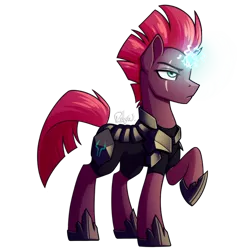 Size: 1000x1000 | Tagged: safe, artist:rubywave32, derpibooru import, tempest shadow, pony, unicorn, my little pony: the movie, armor, broken horn, female, mare, raised hoof, simple background, solo, transparent background