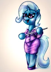 Size: 904x1280 | Tagged: safe, artist:remyroez, derpibooru import, trixie, pony, unicorn, bipedal, clothes, glasses, high heels, shoes, solo, suit, traditional art