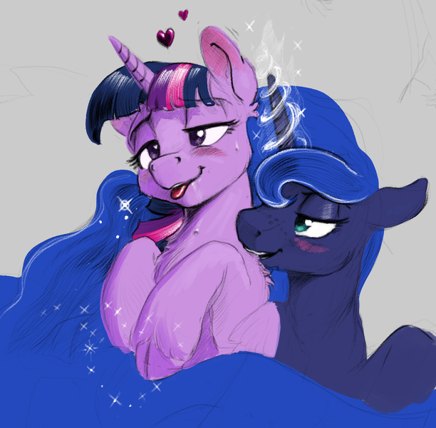 Size: 1928x1889 | Tagged: suggestive, artist:sinceus, deleted from derpibooru, derpibooru import, princess luna, twilight sparkle, twilight sparkle (alicorn), alicorn, pony, bedroom eyes, blushing, cloven hooves, female, freckles, heart, horses doing horse things, lesbian, magic, mare, neck biting, shipping, simple background, tongue out, twiluna, unshorn fetlocks