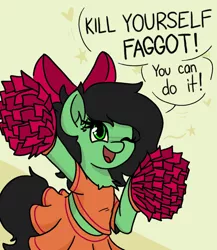 Size: 800x920 | Tagged: source needed, useless source url, safe, artist:plunger, derpibooru import, oc, oc:anonfilly, unofficial characters only, earth pony, pony, /mlp/, cheering, cheerleader, chest fluff, clothes, faggot, female, filly, kill yourself, midriff, one eye closed, pom pom, short shirt, skirt, solo, vulgar