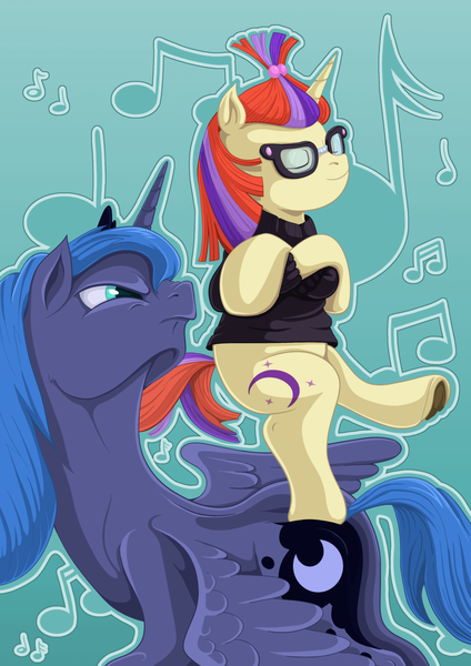 Size: 1240x1754 | Tagged: safe, artist:frenkieart, derpibooru import, moondancer, princess luna, pony, balancing, clothes, crossed arms, dancing, eyes closed, literal, music notes, name pun, plot, pun, sweater, this will end in tears and/or death, underhoof, visual pun