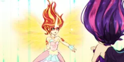 Size: 2400x1200 | Tagged: safe, artist:twigileia, derpibooru import, sci-twi, sunset shimmer, twilight sparkle, equestria girls, friendship games, bare shoulders, clothes, daydream shimmer, dress, fingerless gloves, gloves, human coloration, midnight sparkle, scene interpretation, sleeveless, strapless, take my hand