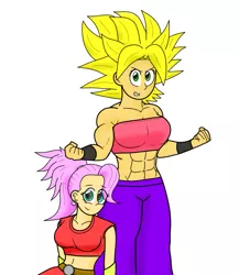 Size: 963x1109 | Tagged: safe, artist:matchstickman, derpibooru import, applejack, fluttershy, equestria girls, abs, applejacked, caulifla, clothes, cosplay, costume, dragon ball super, kale (dragon ball), muscles, simple background, super saiyan, white background