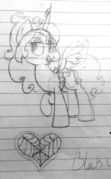 Size: 1135x1827 | Tagged: artist:binkyt11, derpibooru import, fangs, female, lined paper, mare, monochrome, oc, oc:izzy bitsy, old art is old, original character do not steal, original species, safe, solo, traditional art, unofficial characters only, wat