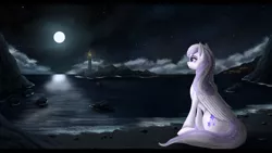 Size: 3920x2205 | Tagged: safe, artist:dezdark, derpibooru import, oc, oc:starstorm slumber, unofficial characters only, pegasus, pony, beach, lighthouse, moon, night, ocean, solo