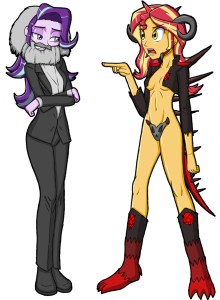 Size: 2198x3000 | Tagged: suggestive, artist:artemis-polara, derpibooru import, starlight glimmer, sunset shimmer, human, equestria girls, breasts, clothes, costume, diablo, diablo 2, duo, duo female, fake beard, fake tail, female, females only, halloween, holiday, horns, karl marx, pentagram, simple background, skimpy outfit, soul stone, stalin glimmer, transparent background