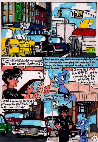 Size: 1373x1994 | Tagged: artist:newyorkx3, car, censored vulgarity, comic, comic:young days, derpibooru import, dialogue, grawlixes, human, manehattan, oc, oc:tommy, princess luna, s1 luna, safe, traditional art