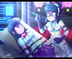 Size: 1360x1120 | Tagged: semi-grimdark, artist:the-butch-x, derpibooru import, sci-twi, twilight sparkle, twilight sparkle (alicorn), eqg summertime shorts, equestria girls, mad twience, breasts, clothes, commission, crazy face, faic, glasses, goggles, hair bun, lab coat, scared, self paradox, skirt, syringe, this will end in pain, this will end in science, twolight