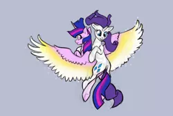 Size: 2400x1600 | Tagged: safe, artist:jykinturah, deleted from derpibooru, derpibooru import, rarity, twilight sparkle, twilight sparkle (alicorn), alicorn, pony, unicorn, female, flying, intertwined tails, lesbian, mare, rarilight, shipping, wings