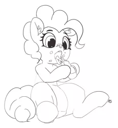 Size: 1280x1379 | Tagged: suggestive, artist:pabbley, derpibooru import, pinkie pie, pony, 30 minute art challenge, cream filling, female, messy eating, monochrome, open mouth, simple background, sitting, solo, solo female, suggestive eating, white background