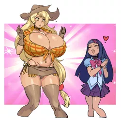 Size: 1666x1655 | Tagged: amazon, applejack, artist:maniacpaint, belly button, bellyring, big breasts, blushing, blush sticker, breast expansion, breasts, busty applejack, cleavage, clothes, derpibooru import, female, front knot midriff, growth, heart, huge breasts, human, humanized, implied shipping, implied twijack, midriff, miniskirt, open mouth, panties, piercing, skirt, socks, suggestive, thigh highs, thong, twilight sparkle, underwear, zettai ryouiki