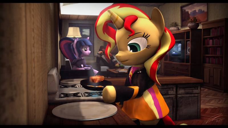 Size: 9600x5400 | Tagged: safe, artist:imafutureguitarhero, derpibooru import, sci-twi, sunset shimmer, twilight sparkle, twilight sparkle (alicorn), ponified, alicorn, human, pony, semi-anthro, unicorn, 3d, absurd file size, absurd resolution, adidas, bacon, bacon and eggs, bacon hair, bipedal, biting, book, clothes, cooking, couch, dress, egg, egg (food), equestria girls ponified, film grain, fire, food, frying pan, hoof hold, jacket, kitchen, leather, leather jacket, meat, not shipping, painting, plant pot, plate, scenebuild, shirt, sitting, smiling, smoke, sniper, source filmmaker, speakers, stove, team fortress 2, television, tongue bite, tracksuit, trio, unicorn twilight, wall of tags, wooden floor