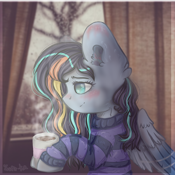 Size: 1000x1000 | Tagged: safe, artist:zefirka, derpibooru import, oc, oc:neon winds, unofficial characters only, pegasus, pony, chocolate, clothes, curtains, ear fluff, food, hot chocolate, indoors, mug, signature, solo, sweater