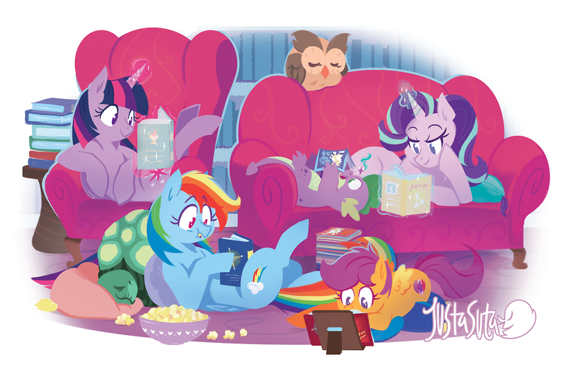 Size: 1280x835 | Tagged: safe, artist:justasuta, derpibooru import, owlowiscious, rainbow dash, scootaloo, spike, starlight glimmer, tank, twilight sparkle, twilight sparkle (alicorn), alicorn, dragon, owl, pegasus, pony, unicorn, book, claws, couch, eyes closed, fangs, female, filly, foal, food, glowing horn, hooves, horn, levitation, lidded eyes, lineless, lying down, magic, mare, on back, popcorn, prone, reading, relaxing, sleeping, smiling, telekinesis, twilight's castle, wings