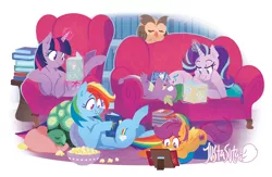 Size: 1280x835 | Tagged: safe, artist:justasuta, derpibooru import, owlowiscious, rainbow dash, scootaloo, spike, starlight glimmer, tank, twilight sparkle, twilight sparkle (alicorn), alicorn, dragon, owl, pegasus, pony, unicorn, book, claws, couch, eyes closed, fangs, female, filly, foal, food, glowing horn, hooves, horn, levitation, lidded eyes, lineless, lying down, magic, mare, on back, popcorn, prone, reading, relaxing, sleeping, smiling, telekinesis, twilight's castle, wings