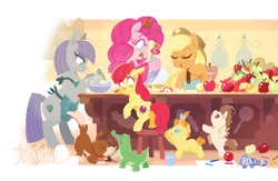 Size: 1280x835 | Tagged: safe, artist:justasuta, derpibooru import, apple bloom, applejack, gummy, maud pie, pinkie pie, pound cake, pumpkin cake, winona, alligator, dog, earth pony, pegasus, pony, unicorn, apple, apron, baking, bipedal, bipedal leaning, blank flank, clothes, colt, cowboy hat, cutie mark, eyes closed, female, filly, foal, food, hat, hooves, horn, leaning, lineless, male, mare, open mouth, prehensile mane, spread wings, the cmc's cutie marks, wings, zap apple