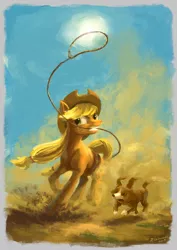 Size: 1349x1908 | Tagged: safe, artist:plainoasis, derpibooru import, applejack, winona, dog, earth pony, pony, cowboy hat, female, hat, lasso, mare, rope, sky, stetson, sun