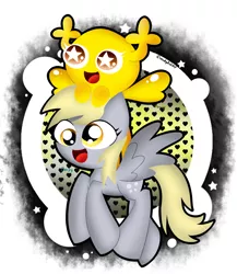 Size: 1300x1500 | Tagged: safe, artist:cloudyzu, derpibooru import, derpy hooves, pegasus, pony, crossover, cute, derpabetes, duo, female, flying, happy, holding head, penny fitzgerald, riding, starry eyes, the amazing world of gumball, wingding eyes
