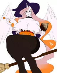 Size: 3900x5000 | Tagged: alicorn, anthro, artist:sunlover, bedroom eyes, big breasts, book, breasts, broom, busty princess celestia, candy, clothes, derpibooru import, female, flying, flying broomstick, food, hat, horn, huge breasts, impossibly large breasts, lollipop, looking at you, partial color, pink-mane celestia, praise the sun, princess celestia, pumpkin bucket, purple eyes, royalty, sexy, simple background, smiling, smirk, solo, solo female, spread wings, stupid sexy celestia, suggestive, tome, unguligrade anthro, white background, wings, wip, witch, witch hat