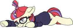 Size: 3694x1451 | Tagged: safe, artist:zippysqrl, derpibooru import, moondancer, pony, unicorn, :t, bored, clothes, female, glasses, lying down, mare, simple background, solo, squishy cheeks, sweater, transparent background, underhoof