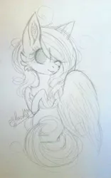 Size: 1301x2080 | Tagged: safe, artist:ohsushime, derpibooru import, oc, oc:angelica, unofficial characters only, pegasus, pony, female, mare, monochrome, one eye closed, solo, traditional art, wink