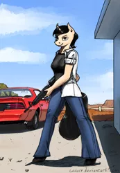 Size: 1600x2306 | Tagged: safe, artist:apocheck13, derpibooru import, oc, oc:elya, unofficial characters only, anthro, unicorn, anthro oc, ar15, assault rifle, bellbottoms, clothes, desert, female, grand canyon, gun, happy because she own a fantastic american-made firearm, jeans, m16, m16a2, pants, pontiac firebird, rifle, weapon