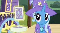 Size: 1920x1080 | Tagged: safe, derpibooru import, screencap, trixie, pony, unicorn, uncommon bond, c:, cape, card, clothes, cute, diatrixes, female, hat, implied sunburst, magic, mare, smiling, telekinesis, trixie's cape, trixie's hat