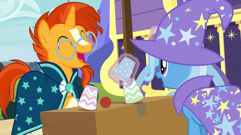 Size: 1920x1080 | Tagged: safe, derpibooru import, screencap, sunburst, trixie, pony, unicorn, uncommon bond, cute, diatrixes, eyes closed, female, glasses, glowing horn, magic, magic trick, male, mare, open mouth, raised hoof, shell game, stallion, sunbetes