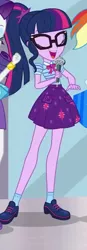 Size: 295x846 | Tagged: safe, derpibooru import, screencap, sci-twi, twilight sparkle, a fine line, equestria girls, equestria girls series, clothes, converse, cropped, eyes closed, female, geode of telekinesis, glasses, microphone, ponytail, shoes, skirt, socks