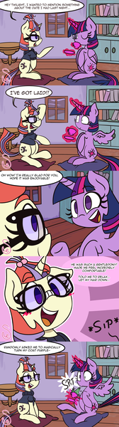 Size: 1400x5000 | Tagged: questionable, artist:quarium, derpibooru import, moondancer, twilight sparkle, twilight sparkle (alicorn), alicorn, pony, unicorn, bait and switch, blushing, clothes, comic, cup, dialogue, drinking, duo, food, glasses, glowing horn, implied sex, onomatopoeia, open mouth, palette swap, recolor, sitting, speech bubble, spit take, surprised, sweater, tea, teacup, turtleneck