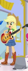 Size: 432x1080 | Tagged: safe, derpibooru import, screencap, applejack, a fine line, equestria girls, equestria girls series, bass guitar, boots, clothes, cowboy boots, cowboy hat, cropped, denim skirt, female, geode of super strength, hat, musical instrument, offscreen character, shoes, skirt, smiling, stetson