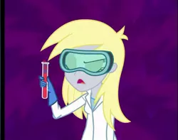 Size: 441x347 | Tagged: safe, derpibooru import, screencap, derpy hooves, equestria girls, friendship games, clothes, cropped, eyes closed, female, goggles, imminent explosion, lab coat, science