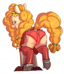 Size: 547x630 | Tagged: source needed, suggestive, artist:vikalh, artist:whydomenhavenipples, derpibooru import, pear butter, earth pony, pony, the perfect pear, anus cameltoe, bedroom eyes, blushing, cheerleader, clothes, cutie mark, dock, eyeshadow, female, flower, leggings, looking back, makeup, mare, open mouth, panties, pear butt, plot, pom pom, sexy, shoes, simple background, skirt, skirt lift, smiling, socks, solo, solo female, tail, tail wrap, thigh highs, underwear, upskirt, white background