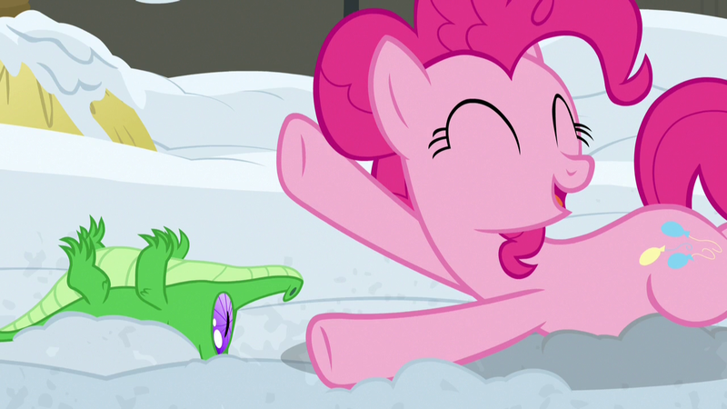 Size: 1280x720 | Tagged: safe, derpibooru import, screencap, gummy, pinkie pie, pony, not asking for trouble, eyes closed, happy, snow