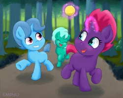 Size: 1200x960 | Tagged: safe, artist:empyu, derpibooru import, fizzlepop berrytwist, glitter drops, spring rain, tempest shadow, pony, unicorn, my little pony: the movie, ball, colt, female, filly, glowing horn, levitation, magic, magic aura, male, telekinesis, tempest shadow's friends, this will end in tears, younger