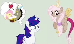 Size: 1024x610 | Tagged: safe, artist:lost-our-dreams, derpibooru import, discord, fluttershy, oc, oc:harmonia, oc:midnight shine, hybrid, pony, unicorn, discoshy, female, interspecies offspring, male, mare, offspring, parent:discord, parent:flash sentry, parent:fluttershy, parent:twilight sparkle, parents:discoshy, parents:flashlight, shipping, straight, thought bubble