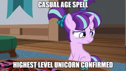 Size: 889x500 | Tagged: age spell, derpibooru import, edit, edited screencap, image macro, meme, safe, screencap, solo, starlight glimmer, uncommon bond, younger