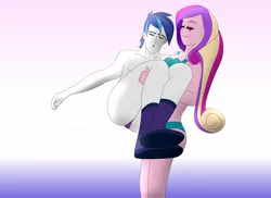 Size: 1600x1163 | Tagged: suggestive, artist:supermaxx92, derpibooru import, princess cadance, shining armor, equestria girls, alumnus shining armor, bikini, breasts, carrying, clothes, couple, dean cadance, female, femdom, lifting, male, malesub, partial nudity, shiningcadance, shipping, sleeping, speedo, straight, submissive, swimsuit, topless, underwear