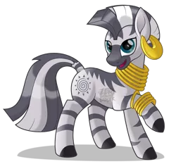 Size: 2012x1877 | Tagged: artist:zerogravitybadger, bracelet, cute, derpibooru import, ear piercing, earring, female, jewelry, looking at you, mare, movie accurate, piercing, raised hoof, safe, simple background, smiling, watermark, white background, zebra, zecora, zecorable