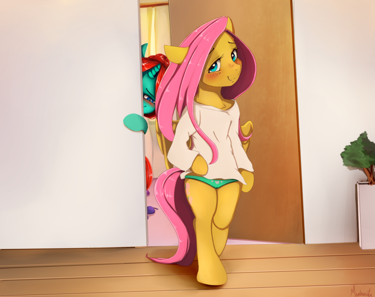 Size: 2400x1900 | Tagged: questionable, artist:miokomata, derpibooru import, fluttershy, oc, oc:taffeta, anthro, semi-anthro, unguligrade anthro, blushing, cameltoe, canon x oc, clothes, freckles, green underwear, heart, heart print underwear, implied lesbian, looking at you, oversized clothes, oversized shirt, panties, shirt, solo focus, underwear