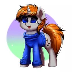 Size: 1000x1000 | Tagged: safe, artist:confetticakez, derpibooru import, oc, oc:disterious, unofficial characters only, unicorn, blue eyes, clothes, cute, happy, horn, male, orange mane, orange tail, simple background, smiling, solo, stallion, sweater, ych result