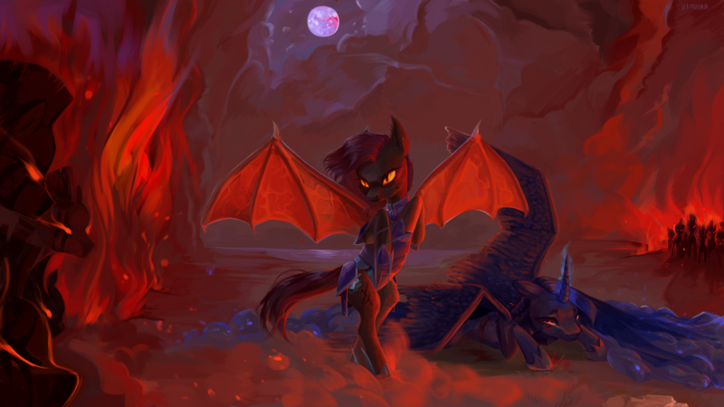 Size: 2124x1194 | Tagged: semi-grimdark, alternate version, artist:utauyan, derpibooru import, princess luna, oc, oc:dawn sentry, alicorn, bat pony, pony, zebra, armor, battlefield, blood, fighting stance, fire, glowing eyes, glowing horn, injured, moon, war, wounded warriors