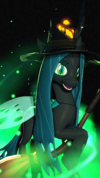 Size: 1080x1920 | Tagged: 3d, artist:powdan, broom, changeling, changeling queen, derpibooru import, flying, flying broomstick, gmod, hat, looking at you, queen chrysalis, safe, smiling, solo, witch, witch hat