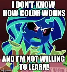 Size: 365x390 | Tagged: safe, derpibooru import, edit, edited screencap, screencap, sunset shimmer, equestria girls, exploitable meme, image macro, inverted colors, meme, sunset is not willing to learn