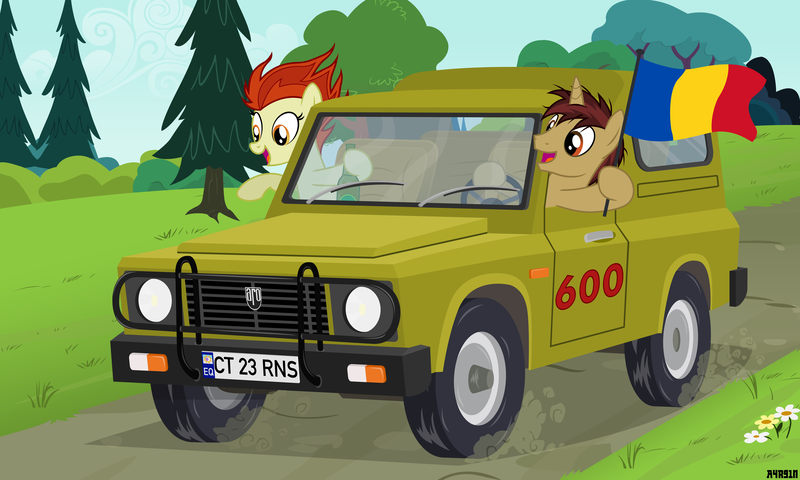 Size: 4200x2520 | Tagged: safe, artist:a4r91n, derpibooru import, oc, oc:para focului, oc:rivet gear, unofficial characters only, earth pony, pony, unicorn, alcohol, aro 243, beer, car, driving, flag, license plate, milestone, romania, vector, vehicle, waving