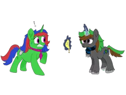 Size: 1280x960 | Tagged: safe, artist:emerald_glow, derpibooru import, oc, oc:emerald glow, oc:mirror shine, unofficial characters only, unicorn, digital, eating, female, food, glowing horn, lemon, mare, necktie, png, scared, shocked, simple background