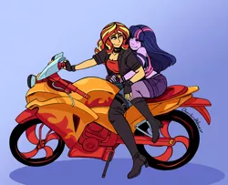 Size: 3227x2615 | Tagged: safe, artist:overlordneon, derpibooru import, sunset shimmer, twilight sparkle, equestria girls, badass, badass adorable, biker, blue background, blushing, boots, breasts, cleavage, clothes, cute, eyeshadow, female, fingerless gloves, fishnets, gloves, high heel boots, knee-high boots, lesbian, lidded eyes, looking at each other, looking back, makeup, motorcycle, pantyhose, shipping, shoes, shorts, simple background, smiling, sunsetsparkle, thigh boots