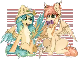 Size: 1407x1059 | Tagged: safe, artist:woonborg, derpibooru import, oc, oc:lyshuu, oc:tropical, unofficial characters only, bird, pegasus, pony, abstract background, cheek fluff, chest fluff, cookie, cute, ear fluff, female, flower, fluffy, food, happy, hat, mare, mouth hold, ocbetes, signature, sitting, smiling, spread wings, wings