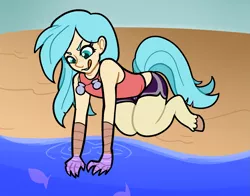 Size: 1947x1525 | Tagged: artist:/d/non, beach, claws, clothes, derpibooru import, female, fish, hooves, my little pony: the movie, oc, oc:rusalka, offspring, parent:princess skystar, safe, satyr, shells, shorts, solo, unofficial characters only, water